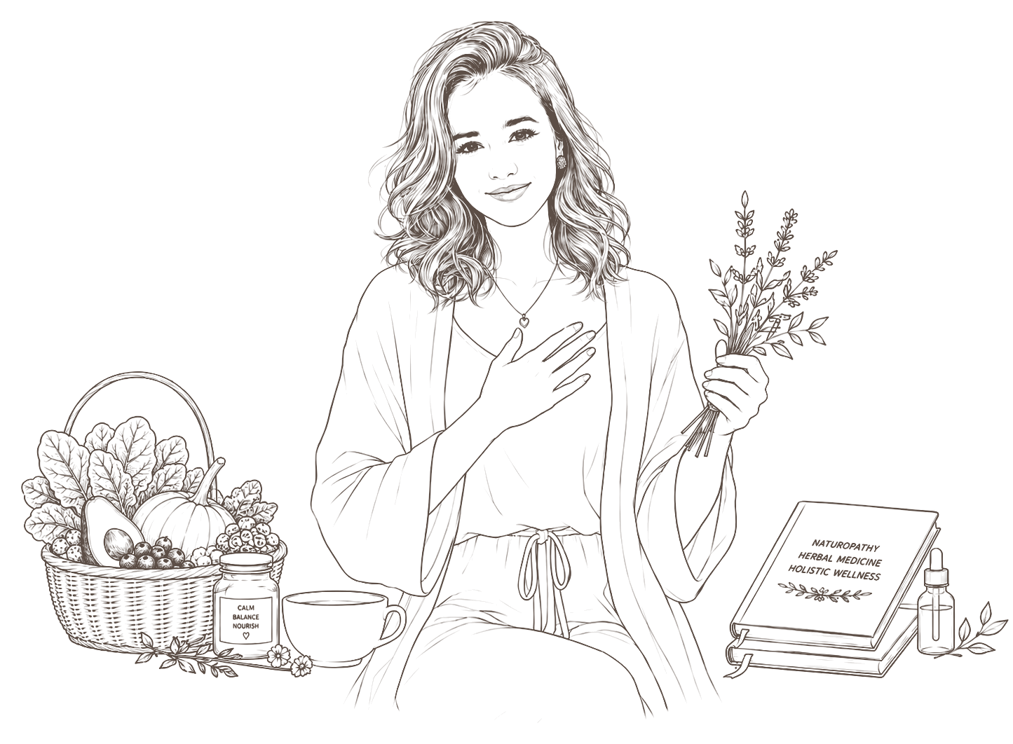 Line-art ilustrace ženy s bylinami